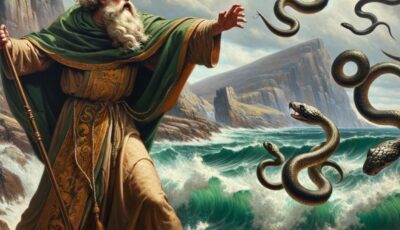 Croagh Patrick 2 Illustrazione di san Patrizio che scaccia i serpenti dall'Irlanda