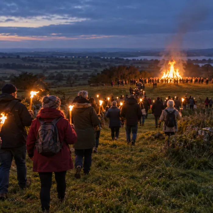 Procession aux flambeaux vers le feu de Samhain sur la colline d’Uisneach -Go-to-Ireland.com