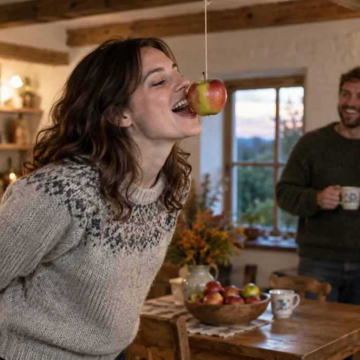 Une femme tente de croquer une pomme suspendue, les mains derrière le dos, dans un cottage - Go to Ireland.com