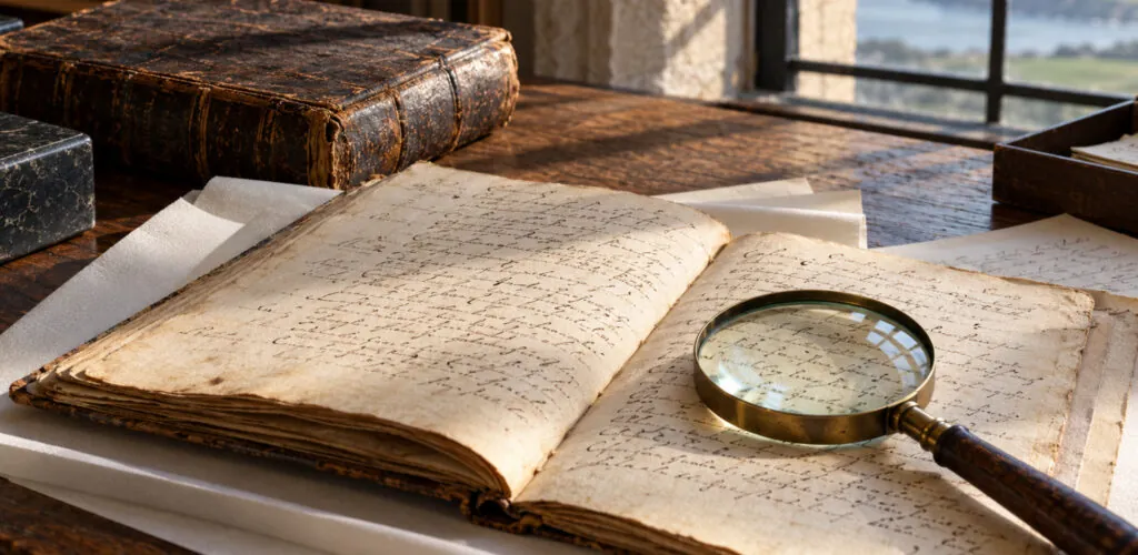 Illustration générée de manuscrits anciens et d’une loupe sur une table de recherche, évoquant l’enquête historique sur Islandmagee.